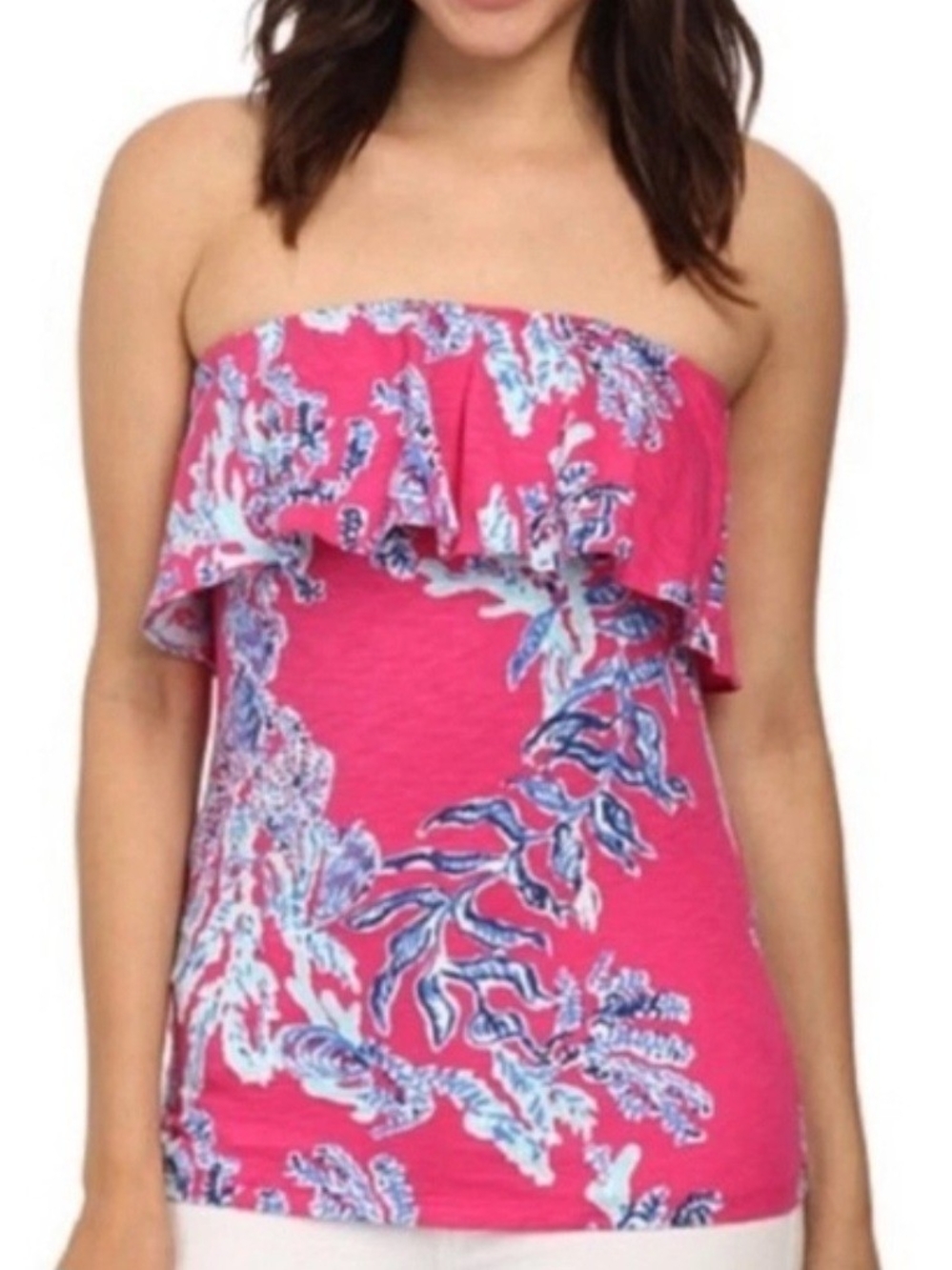 Lilly Pulitzer Pink Strapless Ruffle Floral Top